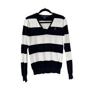 Ralph Lauren Women Striped Sweater Medium V-Neck Fisherman Tennis Old Money Pony